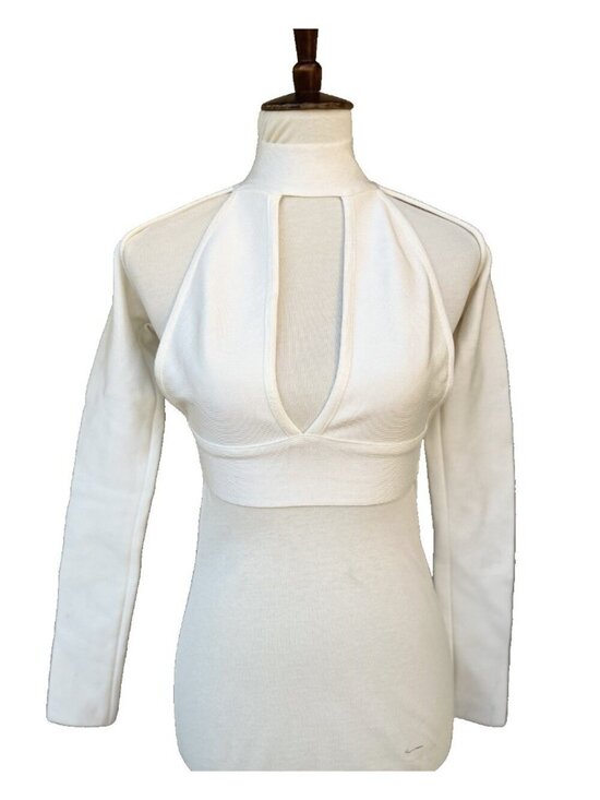 Bossa Tops - Bossa White Cutout Mock Neck Bandage Top Long Sleeve Stretch Size M